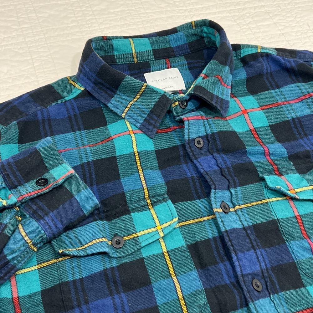 American Eagle Mens XXL Classic Fit Plaid Flannel Shirt Teal Blue Cotton L/S